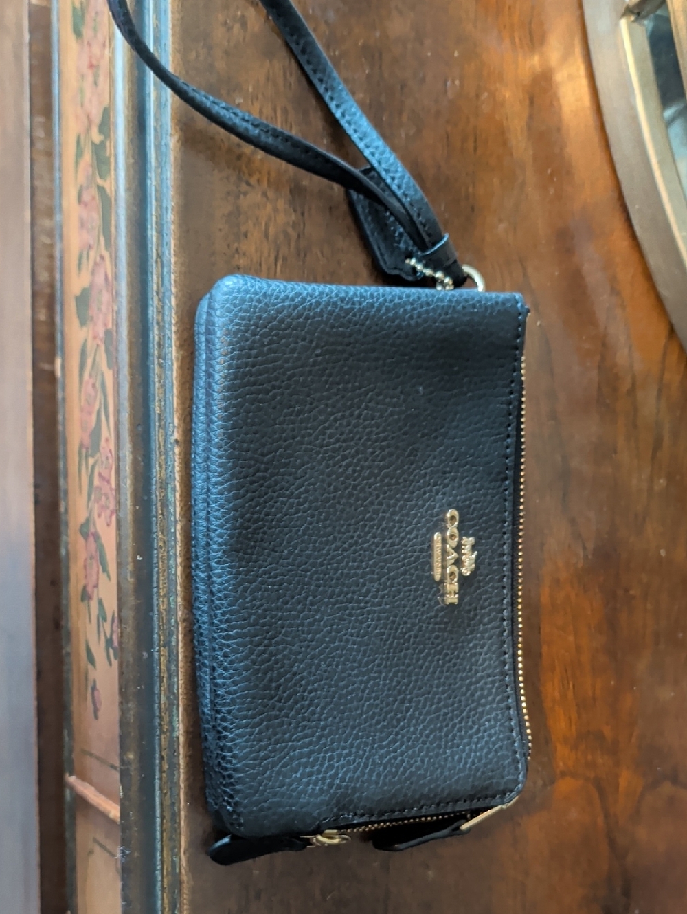 Coach Black Pebbled Leather Wristlet with Gold Hardware
